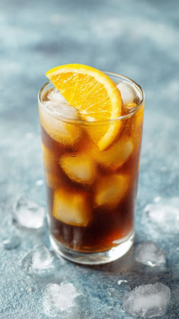 Cuba libre cocktail with orange and ice cubes on blue background