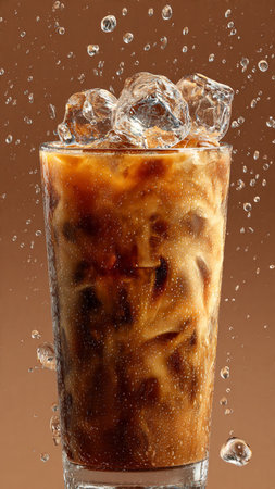 Iced coffee with ice cubes on brown background, close-up