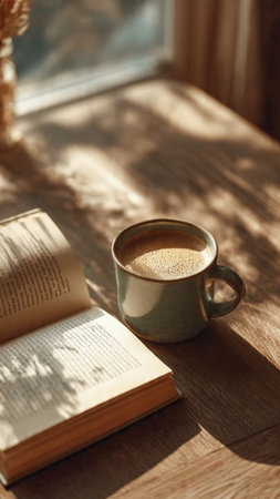 Cup of coffee and book on wooden table in morning light.
