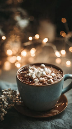 Cup of hot chocolate with marshmallows on table at home