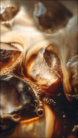 Iced coffee with ice cubes in close-up macro shot.