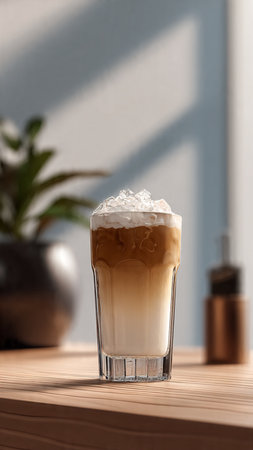Coffee latte in a glass on a wooden table.の写真素材