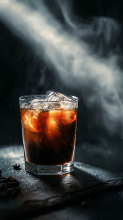 Cuba libre cocktail with ice and coffee beans on dark background
