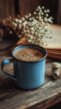 Cup of coffee and book on old wooden background. Vintage style.の写真素材