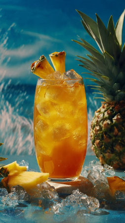 Pina colada cocktail with pineapple and ice cubes on blue background