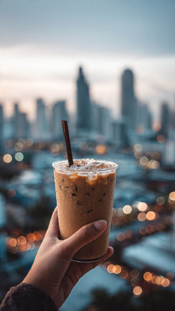 Iced coffee in hand with cityscape background, Bangkok, Thailandの写真素材
