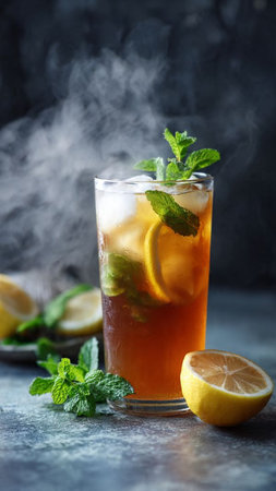 Iced tea with lemon, mint and ice on a dark backgroundの写真素材
