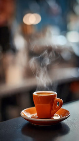 Orange cup of coffee on the table in coffee shop, stock photoの写真素材
