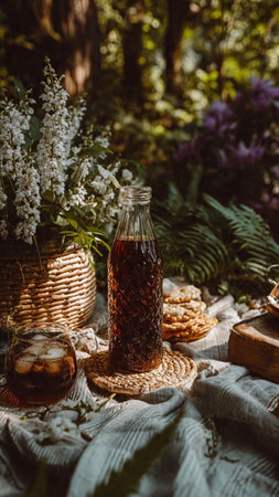 A glass of tea with cookies on a wooden table in the garden