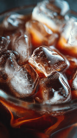 cola with ice cubes on a dark background, close-upの写真素材
