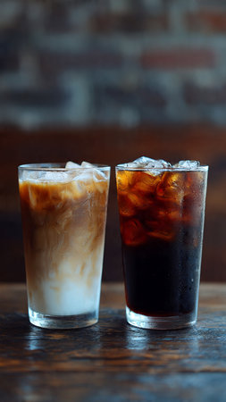 Iced coffee with ice cubes in glass on wooden table, selective focus