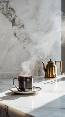 Cup of coffee with steam on white marble table, stock photoの写真素材