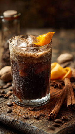 Coffee cocktail with orange, cinnamon and anise on wooden background