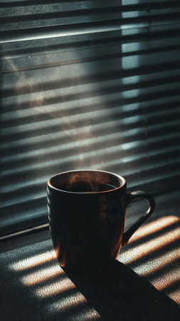 Cup of coffee on the window with blinds and rays of sunlightの写真素材