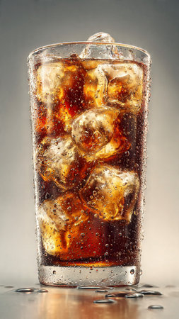 Cola with ice cubes in glass on gray background, close-upの写真素材