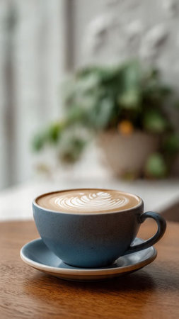 Coffee cup with latte art on wooden table in cafeの写真素材