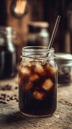 Iced cola with ice cubes in glass jar on wooden backgroundの写真素材