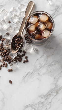 Coffee with ice cubes and spoonle table, top viewの写真素材