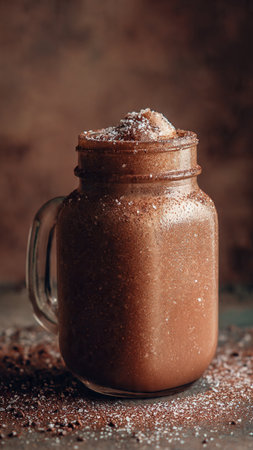 Chocolate smoothie in a glass jar on a dark background.の写真素材