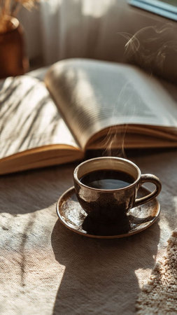Cup of coffee and open book on the windowsill in sunlight