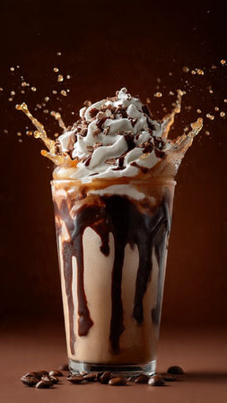 Ice coffee with whipped cream and chocolate, splashing on brown backgroundの写真素材