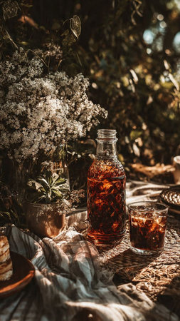 Two glasses of ice tea on a table in a rustic settingの写真素材