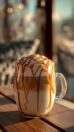 Coffee with caramel on wooden table in coffee shop, stock photoの写真素材