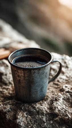 Coffee cup on the stone in the morning, selective focusの写真素材