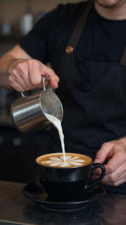 Barista pouring milk into a cup of latte art coffee.の写真素材