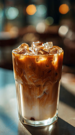 Iced coffee with ice cubes in a glass on the table.の写真素材