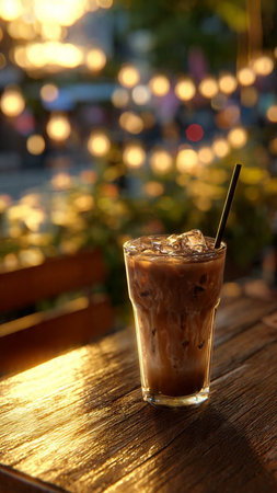 Iced coffee in glass on wooden table with bokeh backgroundの写真素材