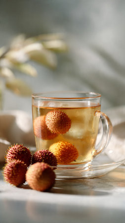 Litchi tea in glass cup with fresh litchi fruits on light backgroundの写真素材