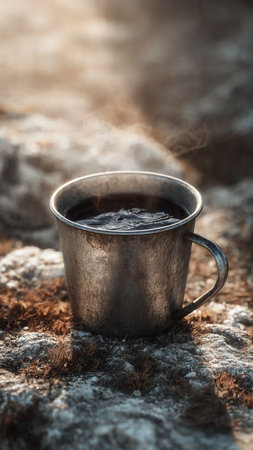 Coffee in a metal cup on the background of the forestの写真素材