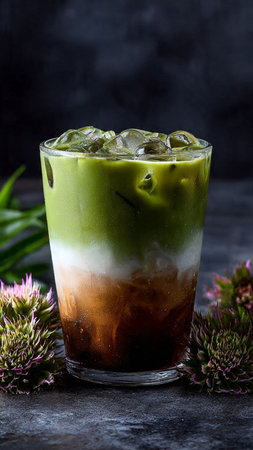 Iced green tea with milk and ice in glass on dark background