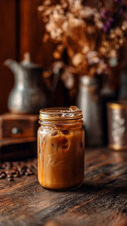 Iced coffee in a glass jar on a dark wooden background.の写真素材