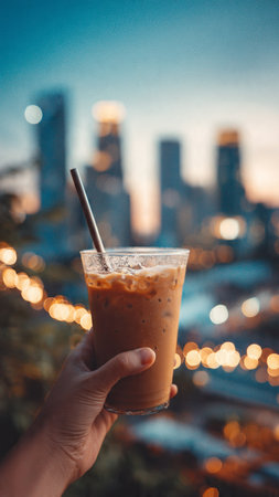 Iced coffee in hand on the background of a beautiful cityscapeの写真素材