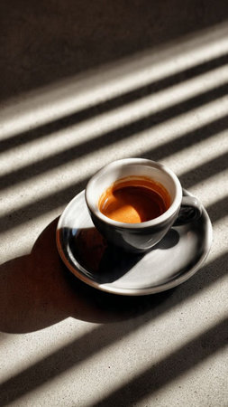 Espresso cup with shadow on the concrete wall, vertical shot