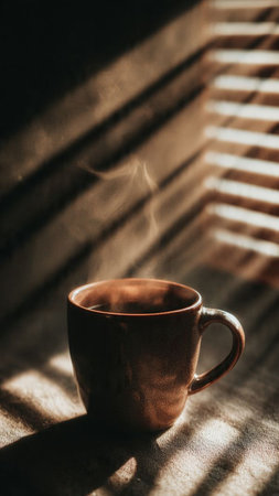 Cup of coffee on the window in the rays of the sunの写真素材