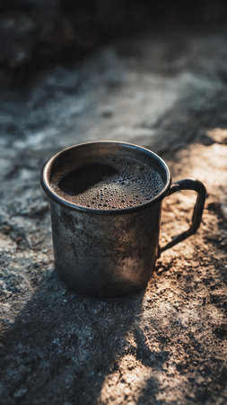 Coffee cup on the ground in the morning, vintage filterの写真素材