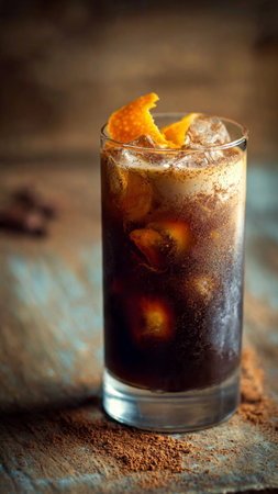 Cuba libre cocktail with orange and ice on rustic background