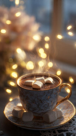 A cup of hot chocolate with marshmallows on a background of a window.の写真素材
