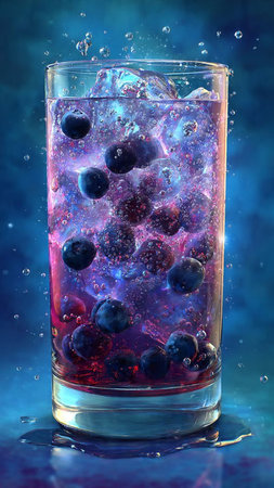 Blueberry cocktail with ice cubes and water splashes on blue backgroundの写真素材