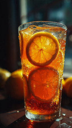 Glass of cold drink with ice cubes and lemon slices on dark backgroundの写真素材