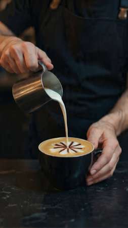 Barista pouring milk into a cup of coffee latte art.の写真素材