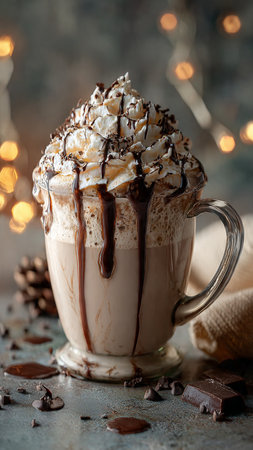 Hot chocolate with whipped cream and chocolate chips on a dark background.