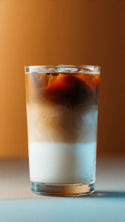 Iced coffee with milk in a glass on a brown background.