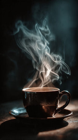 Cup of coffee with steam on dark background. Selective focusの写真素材