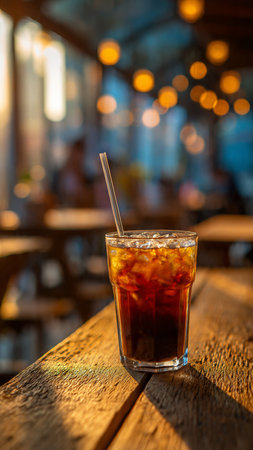 Glass of cola on wooden table with bokeh background.