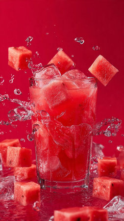 Watermelon juice with ice cubes and water splashes on red backgroundの写真素材