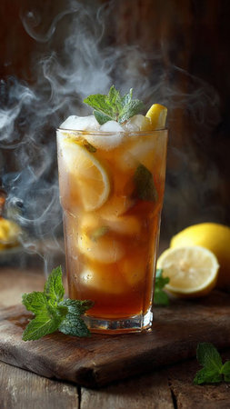 Iced tea with lemon and mint on wooden table, closeupの写真素材